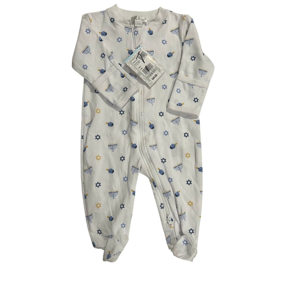 Petit Lem Brand, Hanukkah print sleep onesie zips down center front and leg.